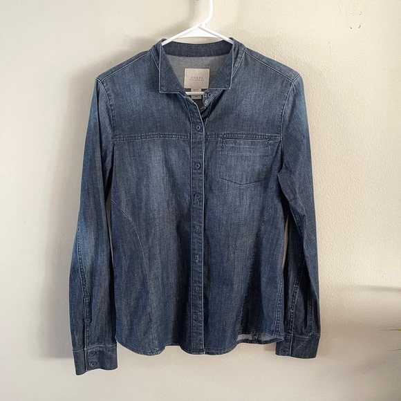 Guess Tops - Guess Womens X-Small Denim Mockneck Button-Up Shirt Normcore Minimalist Blue